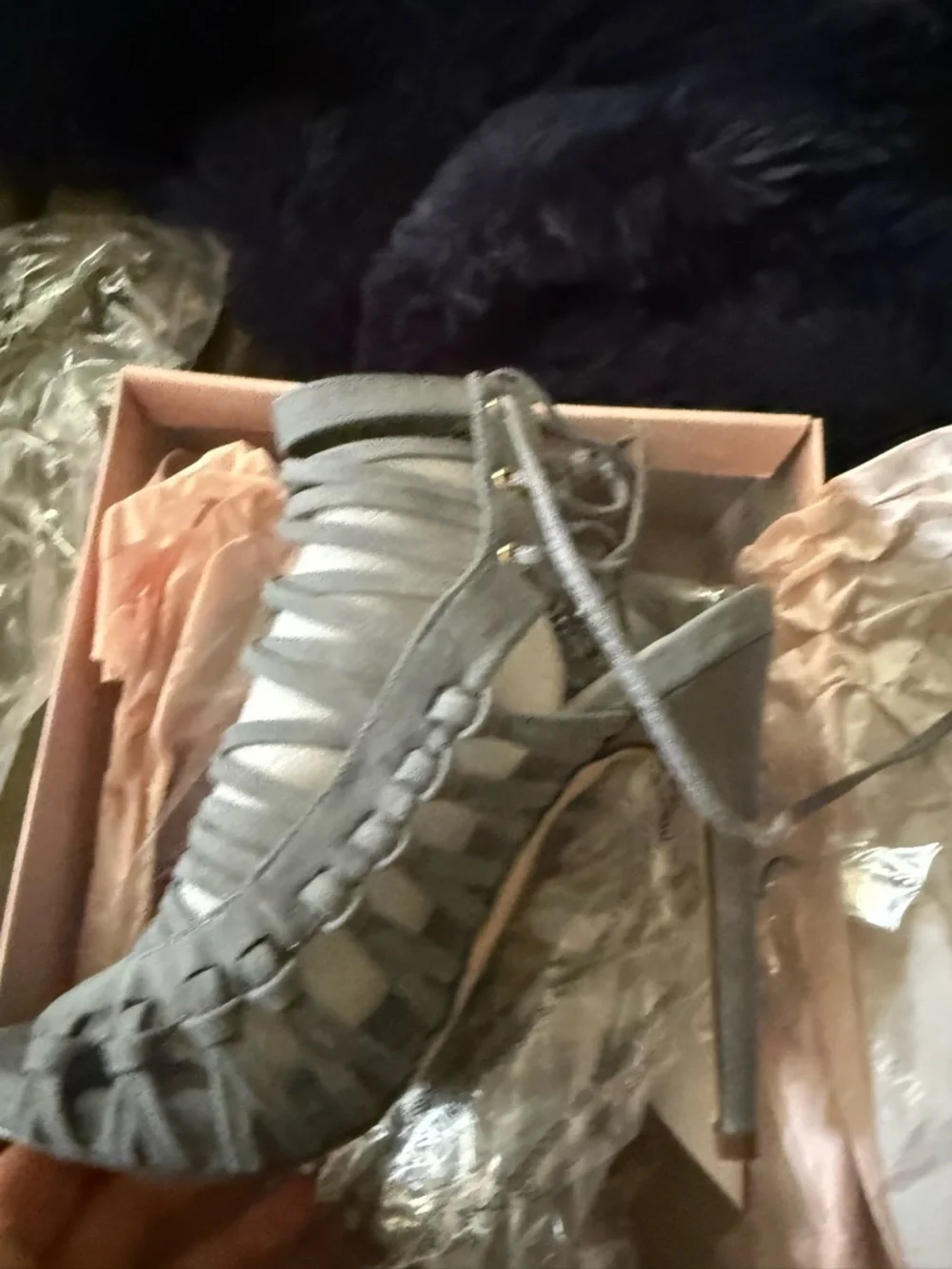 JustFab Gray Strappy Lace-Up Stiletto Sandals - Picture 4 of 5